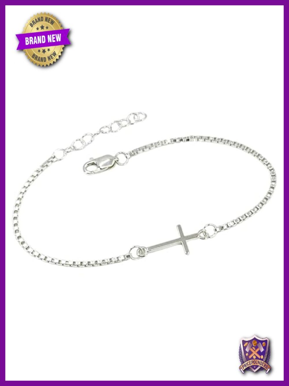 Sterling Silver Sideways Cross Bracelet for Women, Box Chain, Adjustable